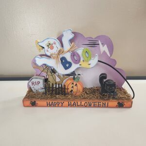 Vintage Wooden Ghost And Black Cat Halloween Decoration